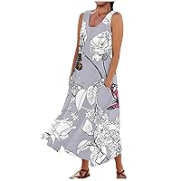 Dresses for Women 2023 Boho Casual Sleeveless Cotton Linen Button Front Midi Tank Dress with Pockets