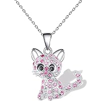 Silver Cat Necklaces for Girls and Women Kitty Dog Birthstone Pendant Necklaces Jewelry Gifts for Women Cat Lovers