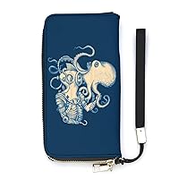 Octopus and Astronauts Wristlet Wallet Leather Long Card Holder Purse Slim Clutch Handbag for Women
