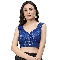 Indian Designer Women Solid Sequined Georgette Padded Saree Crop Top Blouse For Party Wear