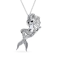 Honeymoon Tropical Vacation Nautical Anchor Sideways or Dangling Sea Siren Mermaids Drop Earrings Mermaid Necklace Pendant For omen Oxidized .925 Sterling Silver