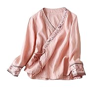 Traditional Shirt Women Chinese Vintage Blouse Long Sleeve Tops Hanfu Tang Suit Embroidery Zen Clothes