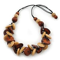 Avalaya Brown/Natural Wood Button Shaped Beaded Cluster Cotton Cord Necklace - 70cm Length