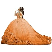 TRHTX Princess Tiered Tulle Quinceanera Dresses Sparkly Beaded Sweet 16 Dresses Lace Off Shoulder Long Ball Gown