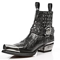 New Rock Mens Boots 7950P-S1 Black Ankle Western Goth Strap Skull Studded Metal Boot