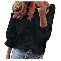Floral Tops for Women Ruffle V Neck Blouses for Women Dressy Casual 3/4 Sleeve Tops Classy Plain Shirts Office Work Tshirt for Ladies Cute Shirts for Women