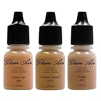 Glamair Set Of Three Airbrush Makeup Foundations Matte M9 Sunset Tan M10 Golden Carmel M11 Ginger Water-Based Makeup Long Lasting All Day Without Smearing Running Fading Or Caking 0.25 Oz Bottle By