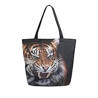 ALAZA Angry Tiger Print Animal Large Canvas Tote Bag Shopping Shoulder Handbag with Small Zippered Pocket