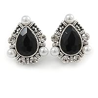 Vintage Inspired Teardrop Black Glass, Clear Crystal, Pearl Clip On Earrings In Aged Silver Tone - 25mm Tall