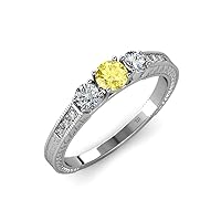 Yellow Sapphire & Diamond Milgrain Work 3 Stone Ring with Side Diamond 0.85 ctw 14K White Gold