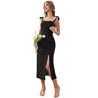 Women's Dress Cherry & Dot Print Ruched Knot Shoulder Split Thigh Cami Dress Dresses for Women (Color : Black, Size : Medium)