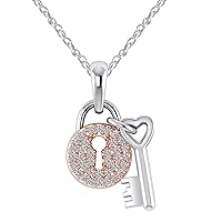 Pretty Jewels 925 Sterling Silver Two Tone Over Round Cut Diamond Lock Key Dangle Pendant 0.11 Cttw Necklace (I1-I2)