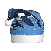 Blue Killer Whale Printed Christmas Hat,Santa Hat For Adults,Plush Comfort Xmas Hat For New Year Festive Party