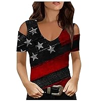 American Flag T Shirt Women V Neck Cold Shoulder Tops USA Star Stripes Fourth July Tee Casual Short Sleeve Blouse