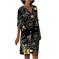 Womens Long Short Sleeve Dresses Floral Dresses for Women Vneck Linen Beach Hawaiian Midi Summer Fall Dresses 2024