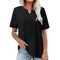 Womens Tops 2024 Solid Color Short Sleeve V Neck Comfy Loose Womens Blouse Top Tees T Shirt