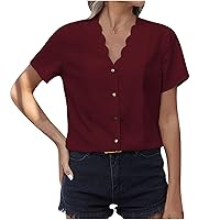 Womens Short Sleeve Button Down Shirts Casual Scalloped V Neck Summer Top Blouses Solid Color Dressy Shirt Work Tops