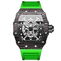 Silverora Tonneau Men's Silicone Watches, 3 ATM Waterproof Gear, Analogue Quartz Wrist Watches, Calendar, Date, Silicone Strap, Sports Watch with Luminous Hands Gifts for Men, Boys, Black, Green,