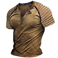Distressed Henley Tee Shirts for Men V Neck Short Sleeve Retro Tactical Shirt Slim Fit Pleated Raglan Sleeve Gym Workout Tops