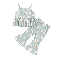 Toddler Baby Girl Clothes Set Solid Ribbed Knit Ruffled Cami Tops with Flare Pants Infant 2Pcs Summer Outfits
