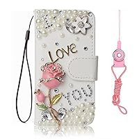 Sparkly Leather Wallet Phone Case with 2 Pack Glass Screen Protector and Lanyard, Bling Diamonds Flip Women Cover (Pink Rose,for Moxee M2160/KonnectONE MH-T6000)