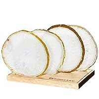 Luxury Lane Set of 4 Large Natural Brazilian Agate Slice Geode Rock Stone Drink Coasters with Wood Holder 4.3-4.7 inch Centerpiece Table Decoration, White