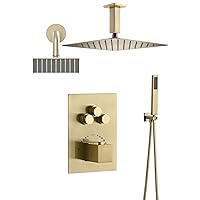 brushed gold ceiling 12 inch rainfall shower head wall mount 6 inch regular high water pressure shower head 3 way thermostatic shower faucet each function work all together and separately