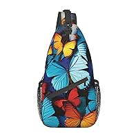 Sling Backpack Bag Collage Of Many Colorful Butterflies Print Crossbody Chest Bag Adjustable Shoulder Bag Travel Hiking Daypack Unisex