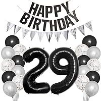 29th Birthday Party Decorations Set for Girl Boy Women Men Black HAPPY BIRTHDAY Letter Banner Silver Sparkly Glitter Traingle Banner Confetti Latex Balloons with Black Giant Number 29 Balloon
