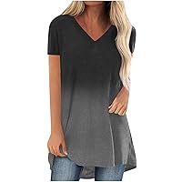 Womens Fashion Short Sleeve Tops, 2024 Stylish V Neck T Shirts for Women, Summer Gradient Tees Trendy Ladies Blouses