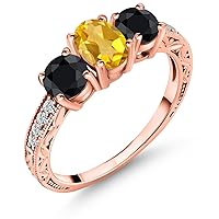 Gem Stone King 2.25 Ct Oval Yellow Citrine Black Sapphire 18K Rose Gold Plated Silver Ring
