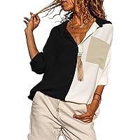 Astylish Women Casual V Neck Button Down Silk Shirt Long Sleeve Color Block Blouse Tunic Top