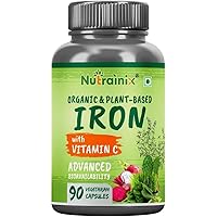 Pub Organic Iron Supplement with Vitamin C, Beetroot, Spinach Leaves for Red Blood Cell Function - 90 Vegetarian Capsules
