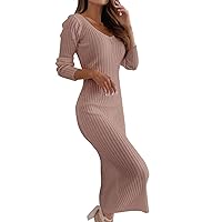 Loose Womens Round Sleeves Dress Solid Long Casual Neck Women's Dress A Line Midi Dresses for Women