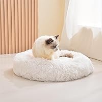 Cat Beds, 23.6''x23.6'' Washable Donut Bed, Plush Cushion, Waterproof Bottom, Calming & Self-Warming, White.