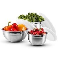 OVENTE Mixing Bowl Stainless Steel with Lids, Nesting Bowls with Measuring Marks, Safe Easy to Clean & Storage,Perfect for Cooking Baking Serving,Silver BM46333S, 1.5,3.5,5 Quarts,Mixing Bowl-Set of 3