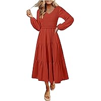 MEROKEETY Women's 2024 Casual Long Sleeve Smocked Dress V Neck High Waist Ruffle Tiered Midi Dresses