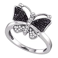 The Diamond Deal 10kt White Gold Womens Round Black Color Enhanced Diamond Butterfly Bug Ring 1/4 Cttw