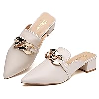Tilocow Metal Chain Decor Mules Heels for Women Chunky Heeled Sandals Slip on Closed Toe Slides for Women Backless Mules