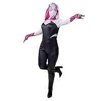 Jazwares Marvel Spider-Gwen Adult Costume - Hooded Jumpsuit with Printed Design and Detachable Mask, Black, White, Extra Small