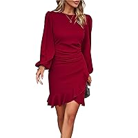 Womens Casual Crew Neck Midi Dress Long Lantern Sleeve Solid Color Dress Elastic Smocked Waist A-Line Party Dress