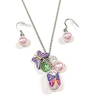 Linpeng NE-3050C Fiona Hand Painted Butterfly and Flower Glass Bead, Crystal Pearl Beads, Butterfly Charms Necklace and Earrings Set, Lavender