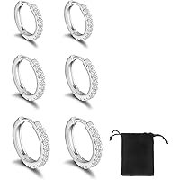 Silver Hoops Earrings, 3 Pairs, Small Hoop Earrings, Earrings with AAA Cubic Zirconia, Tiny Cartilage Silver Hoop Earrings, Sleeper Hoop Earrings, Piercing Jewellery for Women Girls (6/7/8mm)