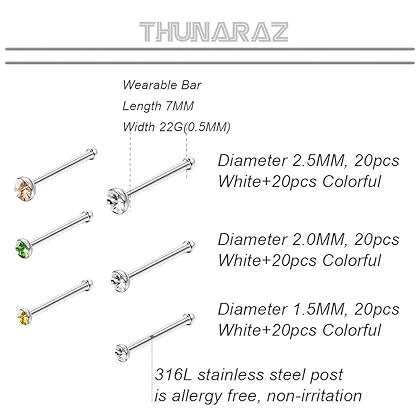 THUNARAZ 60-120pcs Stainless Steel Nose Studs Rings Piercing Pin Body Jewelry 20G-22G 1.5mm 2mm 2.5mm