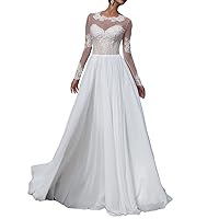 White Sheer Lace Bodice Long Sleeve A Line Long Chiffon Evening Dress