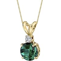 PEORA 14K Yellow Gold Created Emerald and Genuine Diamond Pendant for Women, Elegant Solitaire, AAA Grade Round Shape, 6.50mm, 1 Carat total