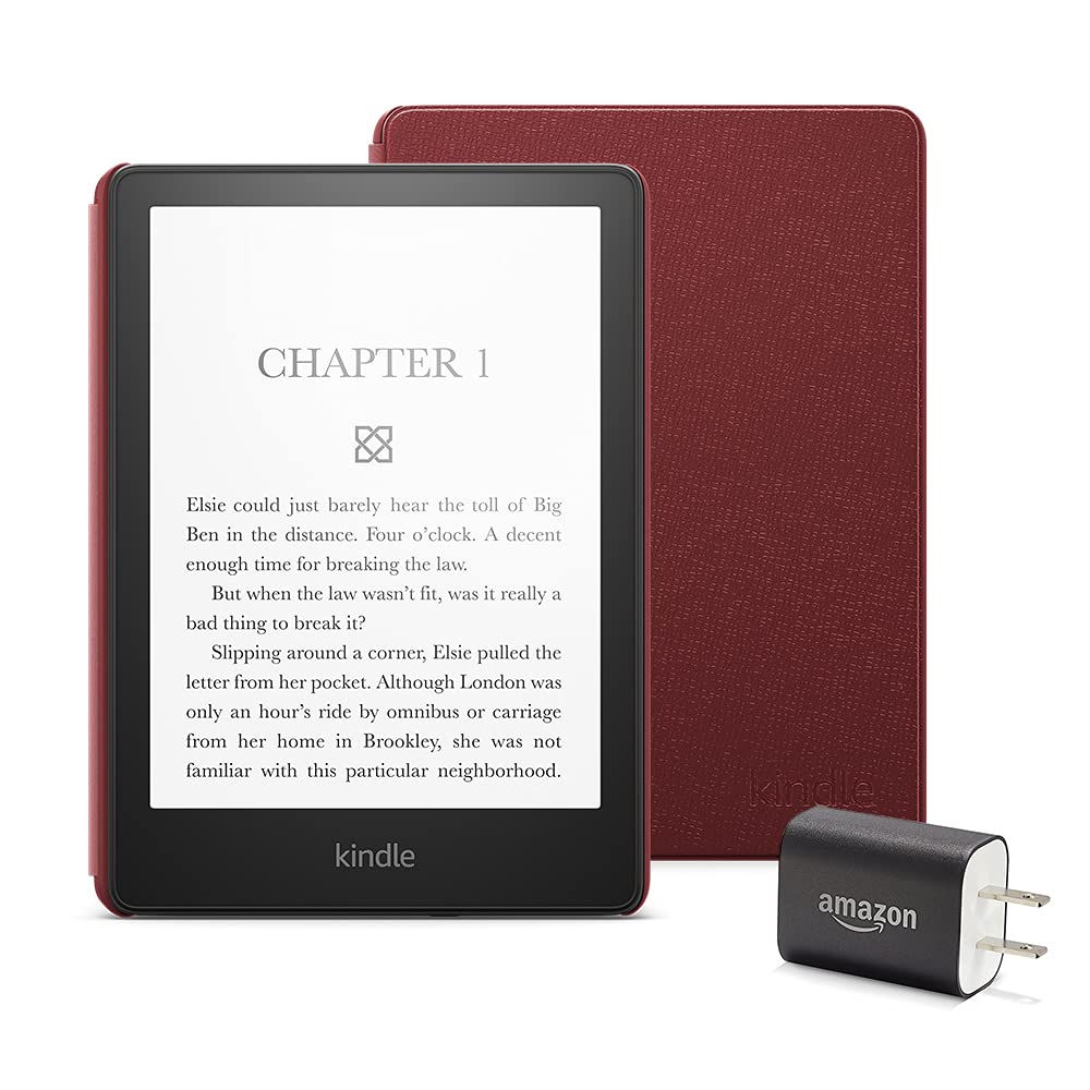 Kindle Paperwhite Essentials Bundle including Kindle Paperwhite - Wifi, Without Ads, Amazon Leather Cover, and Power Adapter