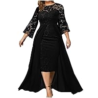 Curvy Women Black Plus Size Formal Dresses for Evening Party Bell Sleeve Hi-Low Lace Dress Wedding Guest Cocktail Dress