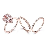Pear Shaped Cut Morganite Ring Set 8x12mm Pink Gemstone Diamond Half Eternity Matching Band 14k Rose Gold
