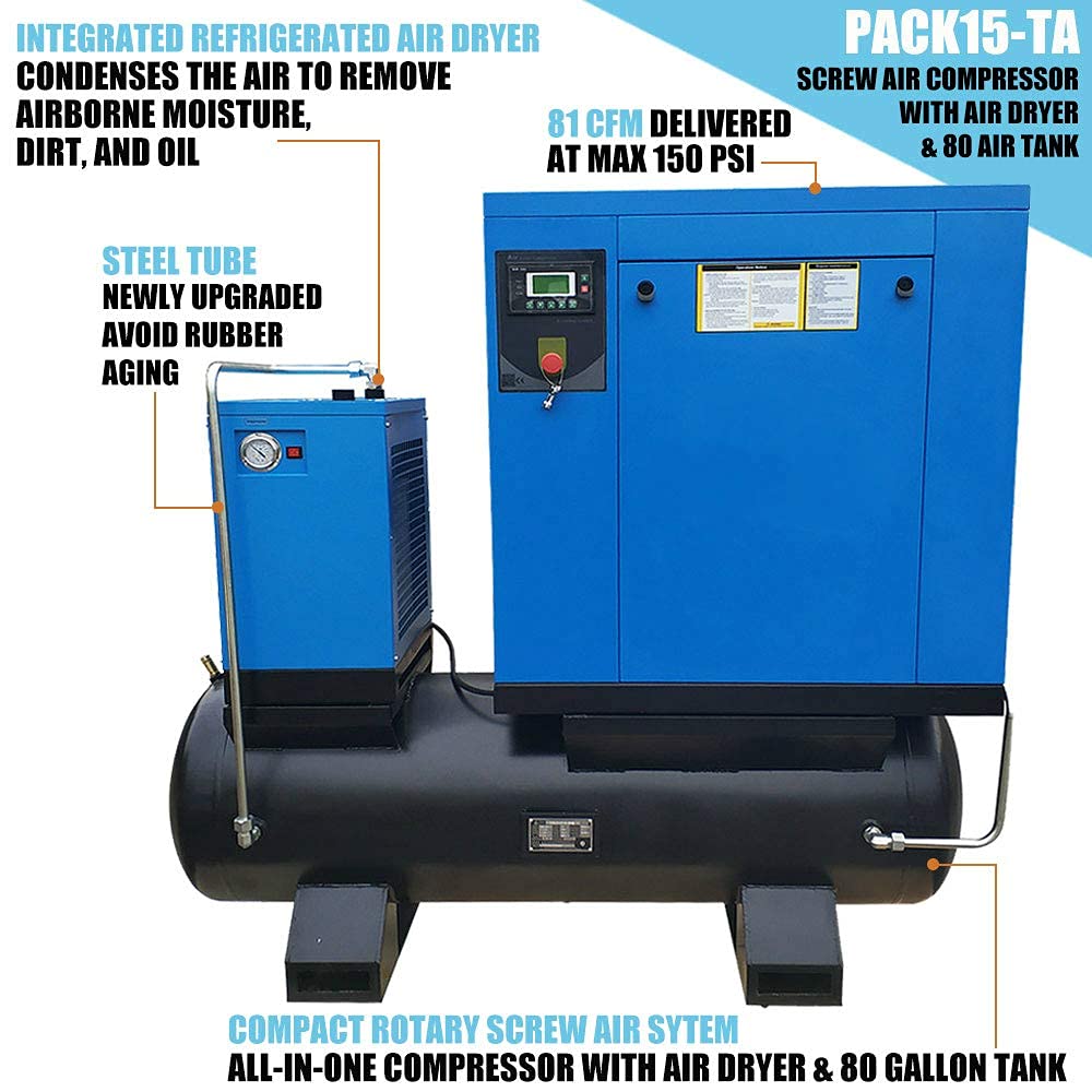 HPDAVV Total Rotary Screw Air Compressor With ASME Tank & Refrigerated Dryer - 20HP/ 15KW - 80CFM/ 150PSI - 230 V/ 3-Phase/ 60Hz - 80 Gallon All-in-One Side Industrial Air Compressed System